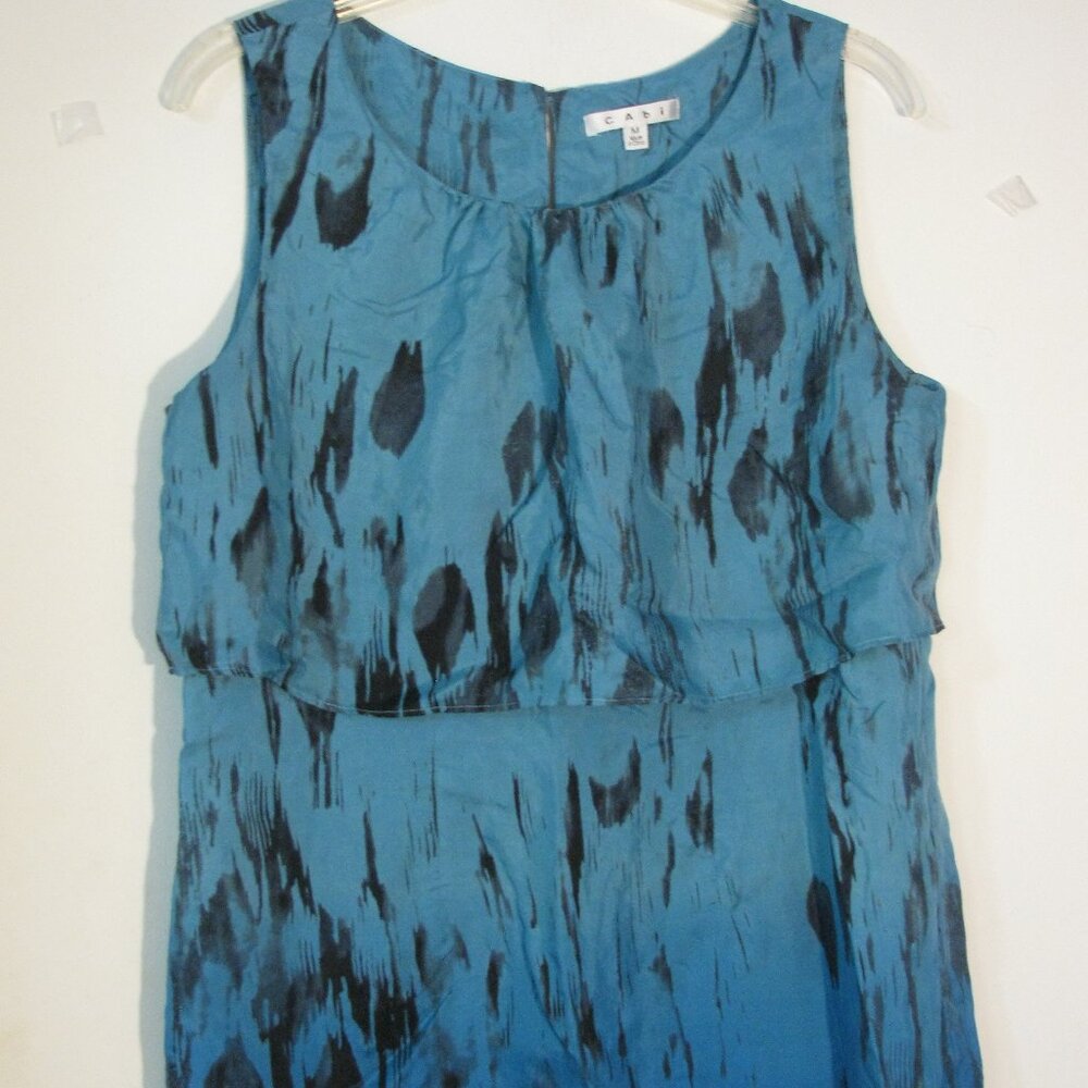 * Cabi Blouse Medium 100% Silk Ruffled Overlay Blue Black Lightweight